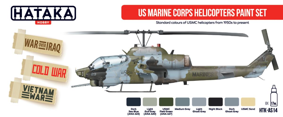 Kit de peinture Hataka HTK-AS14 pour hélicoptères du Corps des Marines des États-Unis (8 x 17 ml)