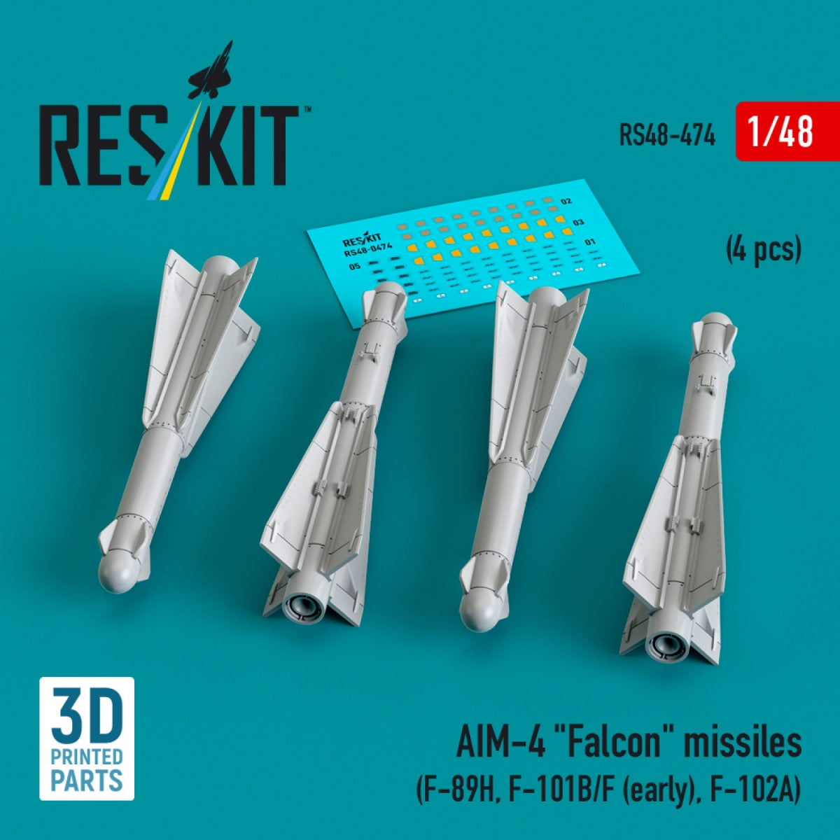Missiles RESKIT RS48-0474 AIM-4 « Falcon » (4 pièces) (Impression 3D) 1/48