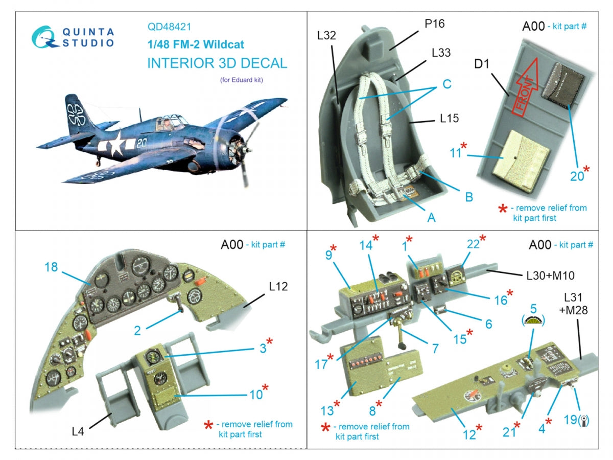 Intérieur imprimé en 3D et coloré sur papier décalcomanie Quinta Studio QD48421 FM-2 Wildcat (Eduard) 1/48 – image 2
