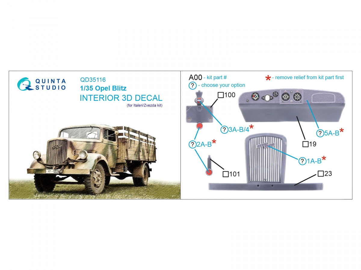 Intérieur imprimé en 3D et coloré sur papier décalcomanie Quinta Studio QD35116 Opel Blitz (Italeri/Zvezda) 1/35 – Bild 2