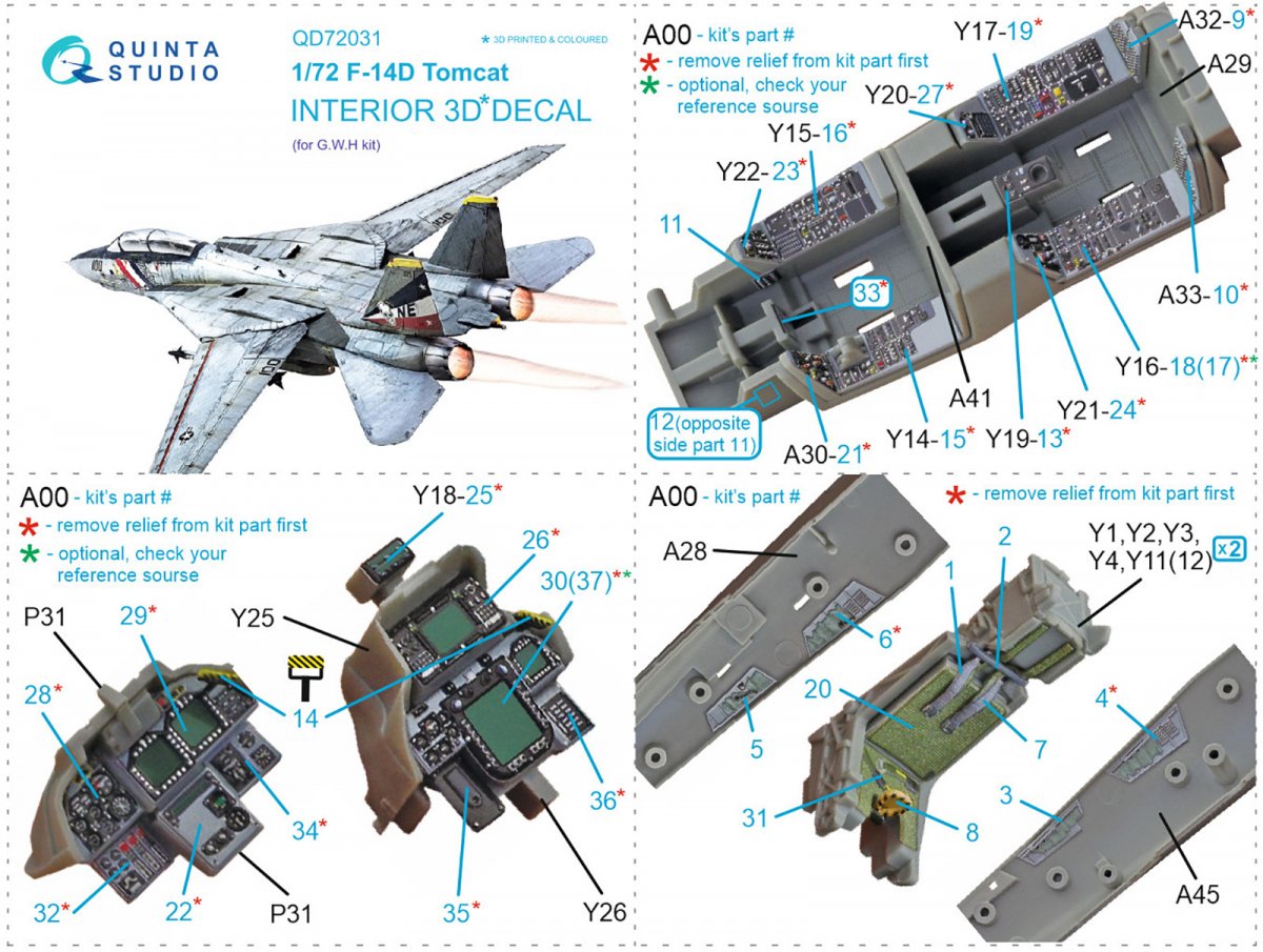 Intérieur imprimé en 3D et coloré sur papier décalcomanie Quinta Studio QD72031 F-14D (GWH) 1/72 – image 11