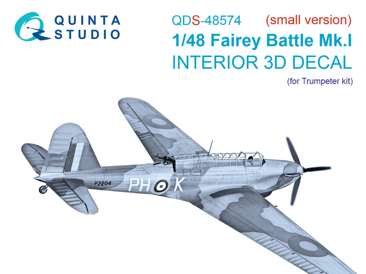 Intérieur imprimé en 3D et coloré sur papier décalcomanie Quinta Studio QDS-48574 Fairey Battle Mk.I (Trumpeter) (petite version) 1/48