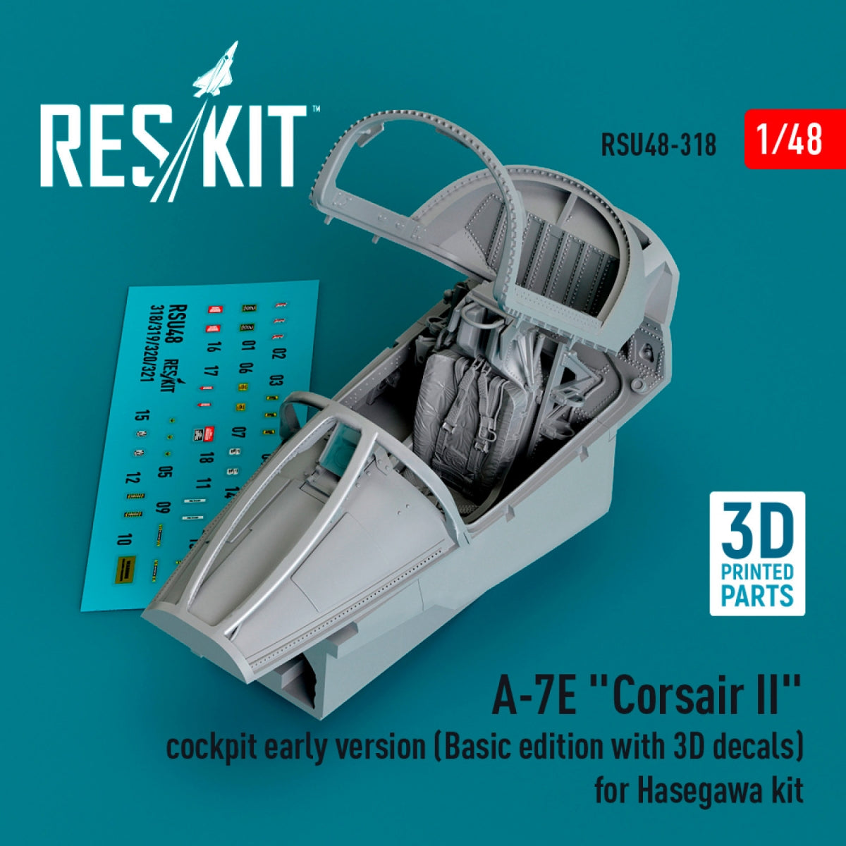 RESKIT RSU48-0318 Cockpit A-7E « Corsair II », version initiale (Édition de base avec décalcomanies 3D) pour maquette Hasegawa (Impression 3D) 1/48