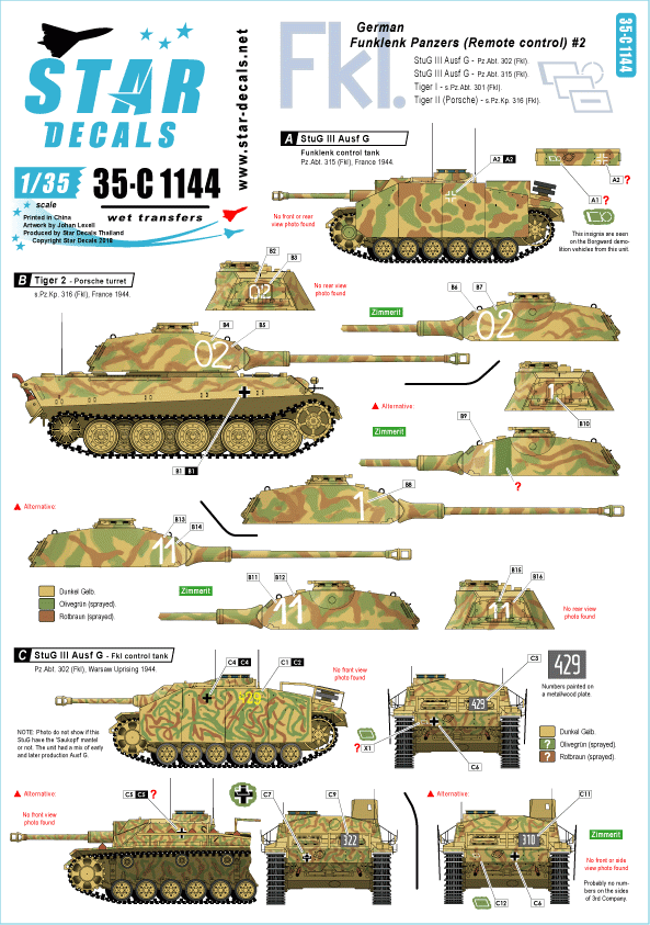 Star Decals 35-C1144 Panzers allemands Funklenk (Fkl) #2.1/35
