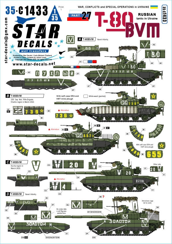 Star Decals 35-C1433 Guerre en Ukraine n° 27 T-80BVM russe en Ukraine. Échelle 1/35
