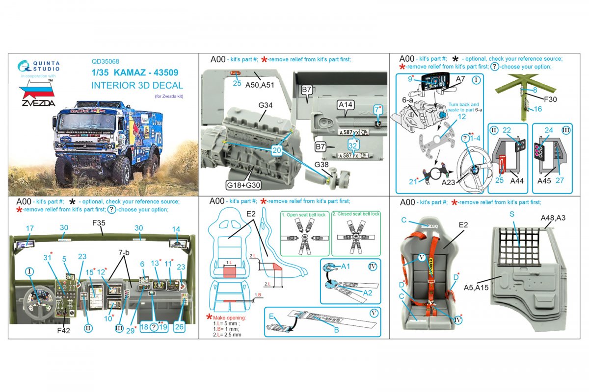 Quinta Studio QD35068 KAMAZ-43509 3D-Printed &amp;amp; coloured Interior on decal paper (Zvezda) 1/35 – zdjęcie 9
