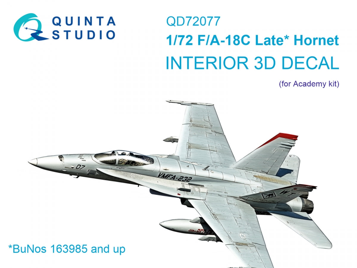Intérieur imprimé en 3D et coloré sur papier décalcomanie Quinta Studio QD72077 F/A-18C (version tardive) (Academy) à l'échelle 1/72 