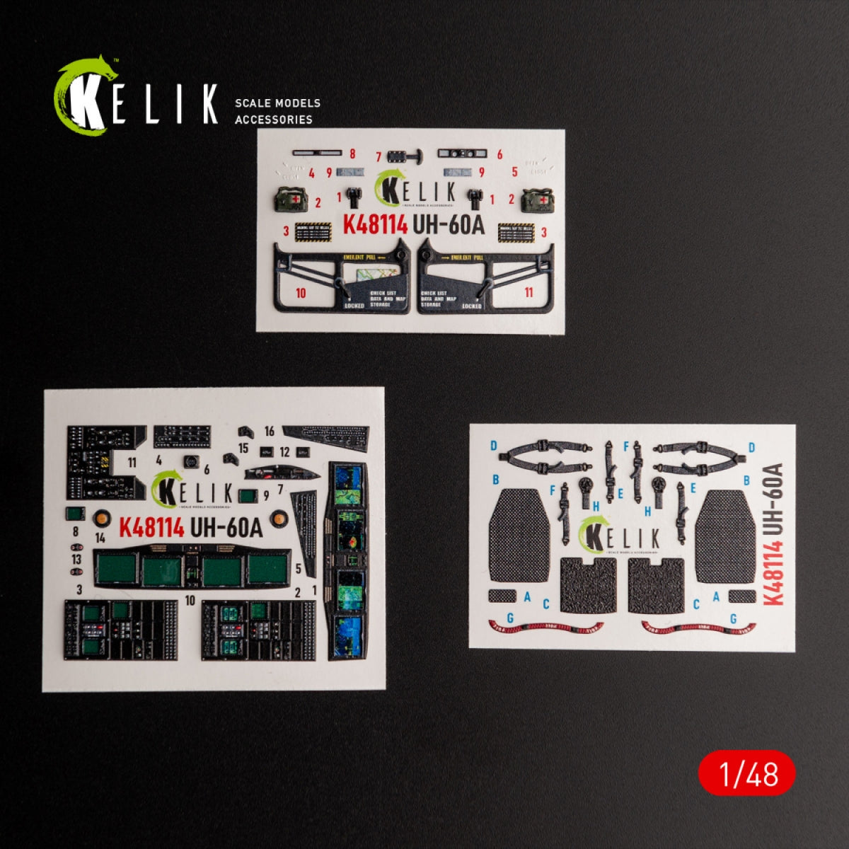 Décalcomanies 3D intérieures KELIK K48114 UH-60A Black Hawk - Type 2 « Renseignement de défense de l'Ukraine » pour maquette ICM au 1/48
