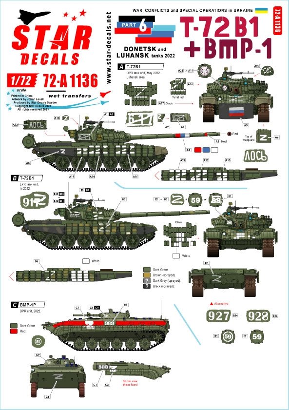 Star Decals 72-A1136 Guerre en Ukraine n° 6. T-72B1 et BMP-1 1/72