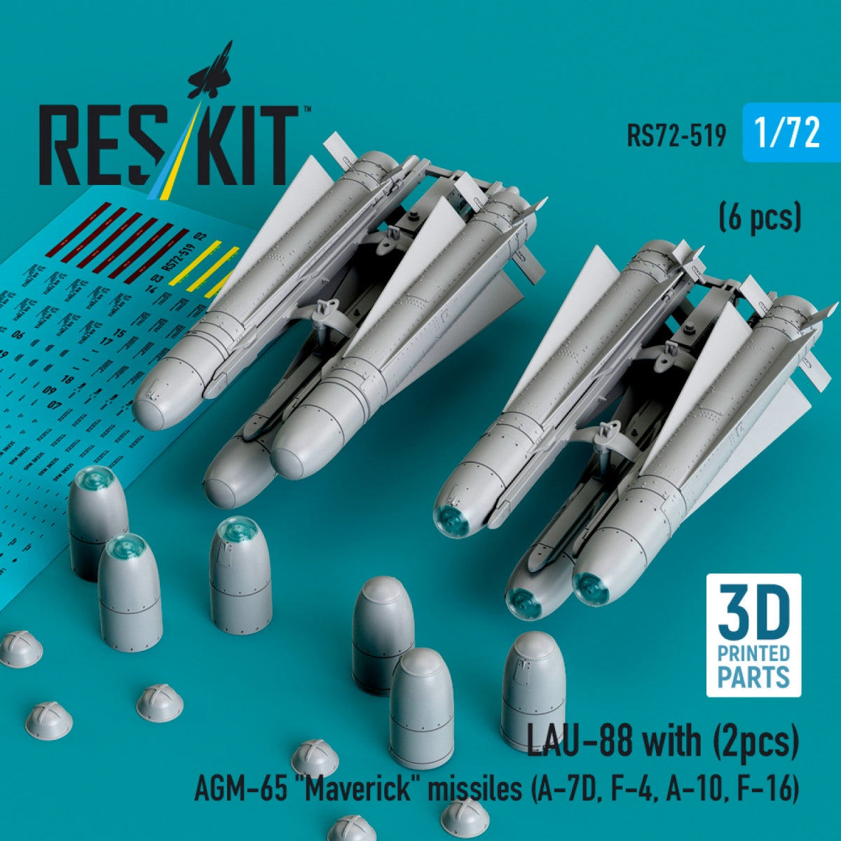 RESKIT RS72-0519 LAU-88 avec (2 pcs) missiles AGM-65 « Maverick » (6 pcs) (Impression 3D) 1/72