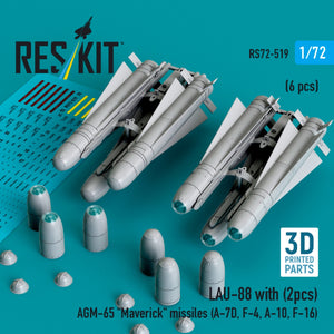 RESKIT RS72-0519 LAU-88 avec (2 pcs) missiles AGM-65 « Maverick » (6 pcs) (Impression 3D) 1/72
