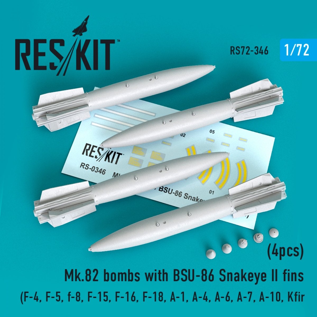 RESKIT RS72-0346 MK.82 BOMBES AVEC AILERONS BSU-86 SNAKEYE II (4 PIÈCES) 1/72