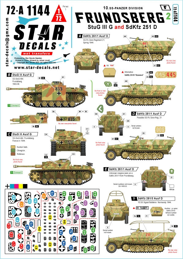 Décalcomanies étoiles 72-A1144 Frundsberg 2. 10. Division SS-Panzer. StuG III Ausf G et SdKfz 251/1 Ausf D, SdKfz 251/3 Ausf D, SdKfz 251/9 Ausf D 1/72 