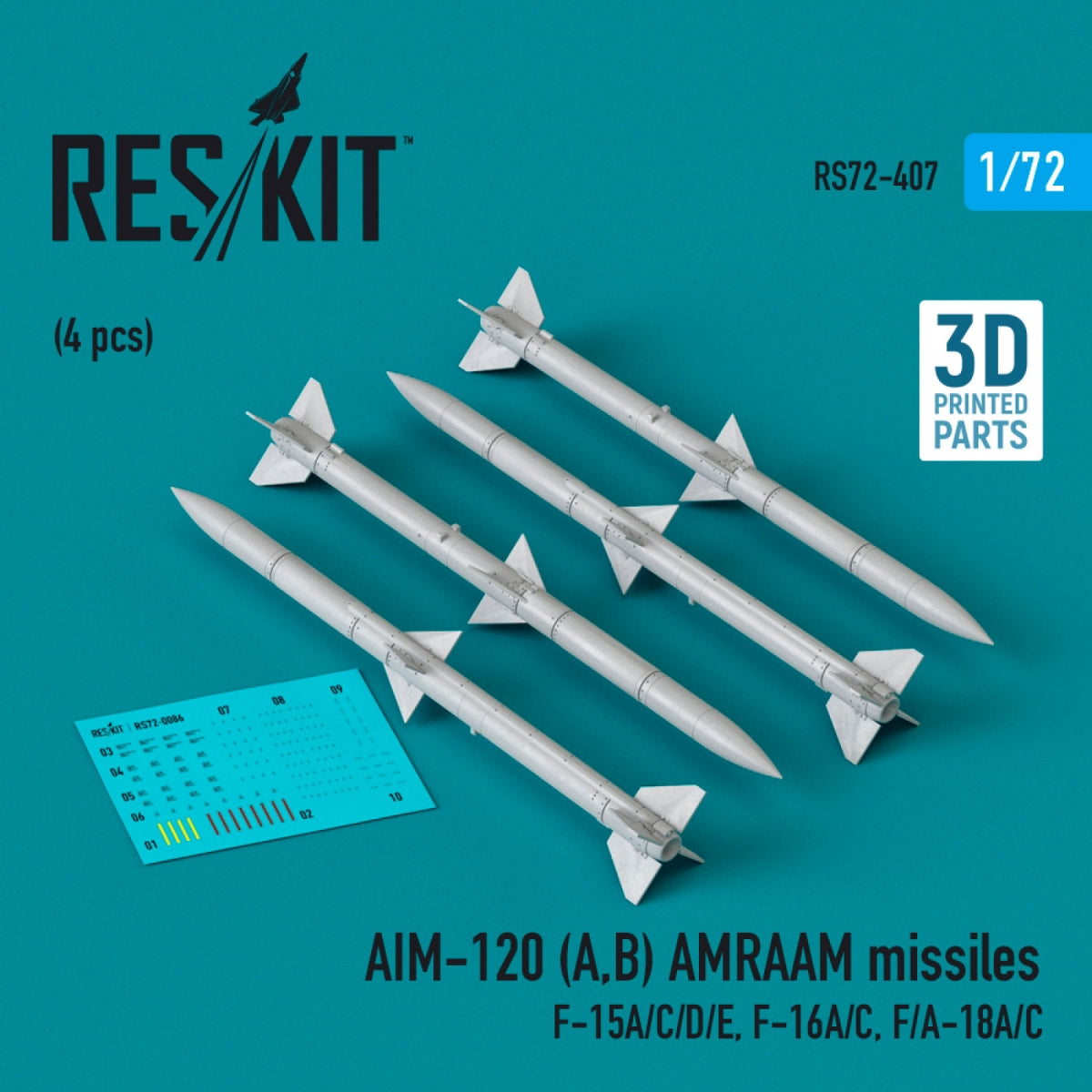 RESKIT RS72-0407 Missiles AIM-120 (A,B) AMRAAM (4 pièces) (Impression 3D) 1/72