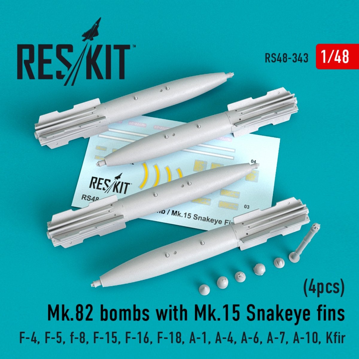 RESKIT RS48-0343 MK.82 BOMBES AVEC AILERONS ŒIL DE SERPENT MK.15 (4 PIÈCES) 1/48