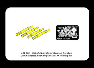 Aber A32008 Ensemble de 4 canons pour mitrailleuses d&amp;#39;avion allemandes Oerlikon MG FF de 20 mm avec viseurs (1/32) – image 6