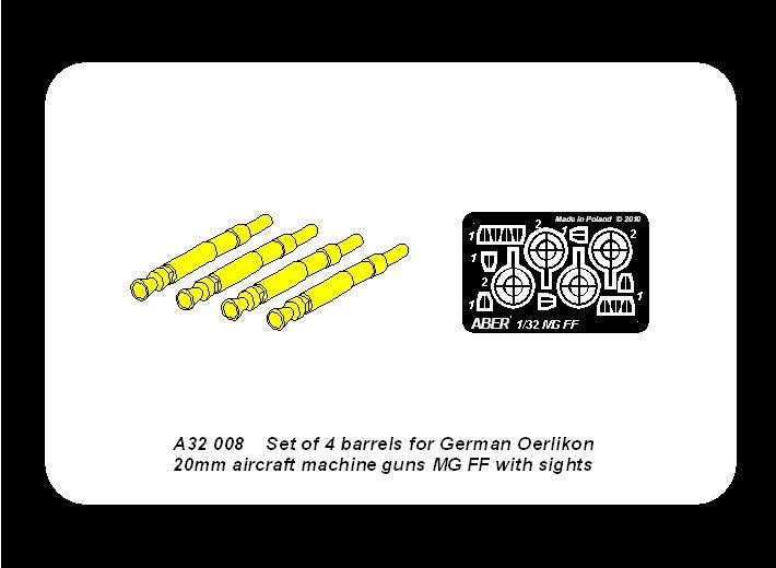 Aber A32008 Ensemble de 4 canons pour mitrailleuses d&amp;#39;avion allemandes Oerlikon MG FF de 20 mm avec viseurs (1/32) – image 6
