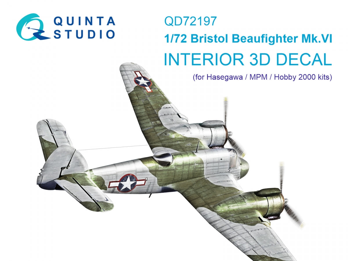 Intérieur imprimé en 3D et coloré sur papier décalcomanie Quinta Studio QD72197 Bristol Beaufighter Mk.VI (Hasegawa/MPM/Hobby2000) 1/72