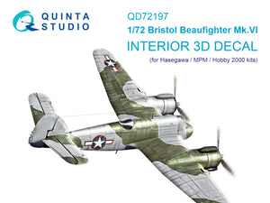 Intérieur imprimé en 3D et coloré sur papier décalcomanie Quinta Studio QD72197 Bristol Beaufighter Mk.VI (Hasegawa/MPM/Hobby2000) 1/72