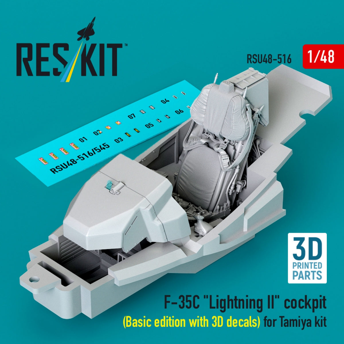 RESKIT RSU48-0516 F-35C "Lightning II" cockpit (Basic edition with 3D decals) for Tamiya kit (3D Printed) 1/48
