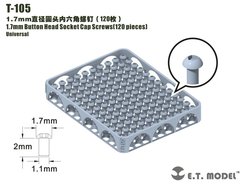 Vis à tête cylindrique creuse ET modèle T-105, 1,7 mm, 120 pièces