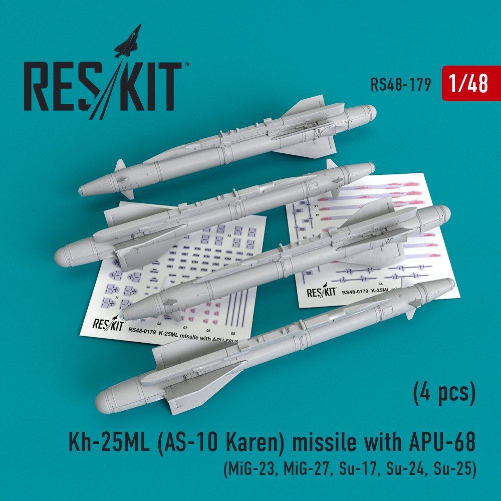 RESKIT RS48-0179 Missile Kh-25ML (AS-10 Karen) avec APU-68 (4 pièces) 1/48