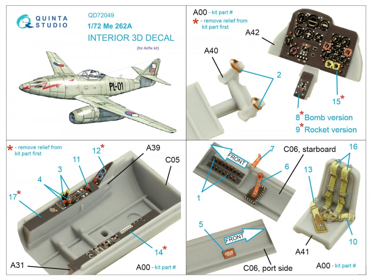 Intérieur imprimé en 3D et coloré sur papier décalcomanie Quinta Studio QD72049 Me-262A (Airfix) 1/72 – Bild 2