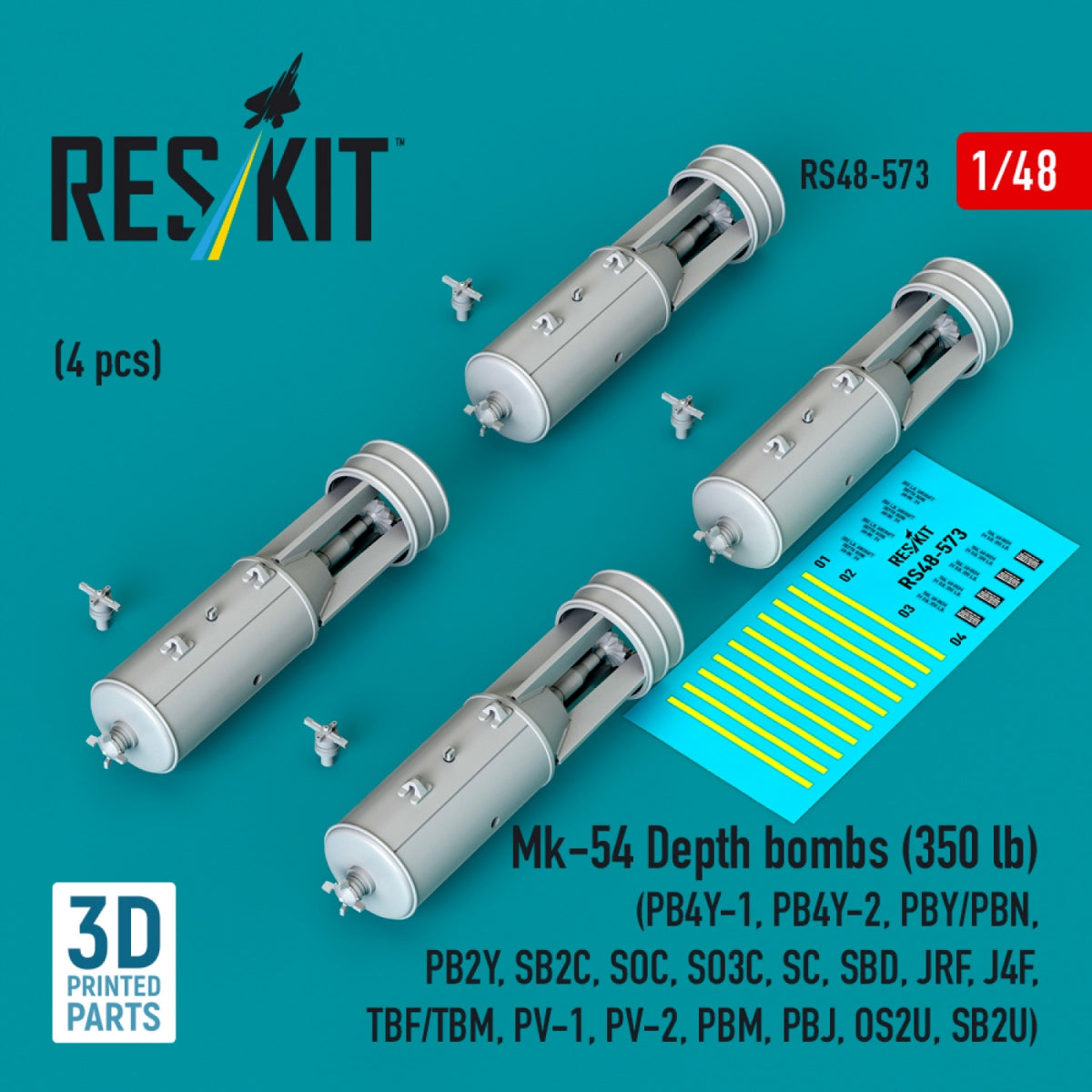 RESKIT RS48-0573 Mk-54 Depth bombs (350 lb) (4 pcs) (PB4Y-1, PB4Y-2, PBY/PBN, PB2Y, SB2C, SOC, SO3C, SC, SBD, JRF, J4F, TBF/TBM, PV-1, PV-2, PBM, PBJ, OS2U, SB2U) (3D Printed) 1/48