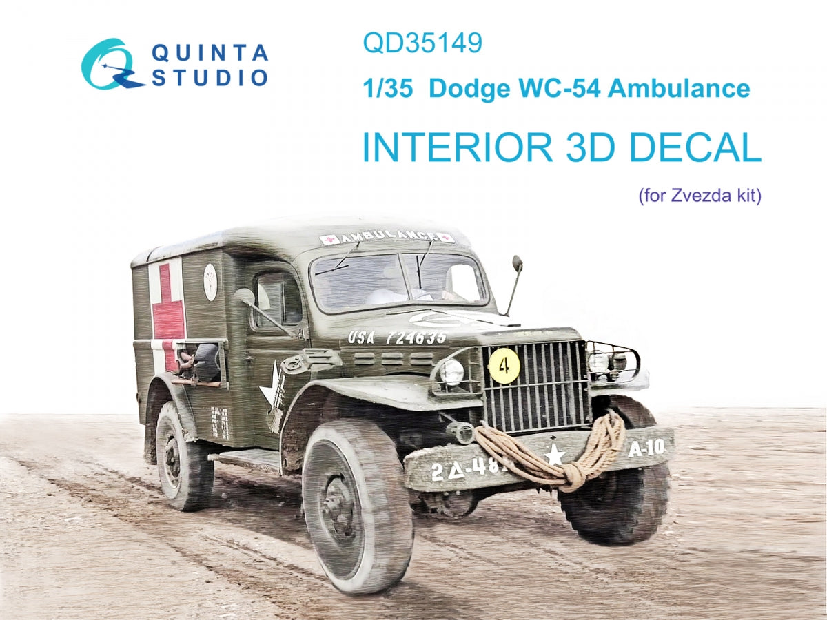 Intérieur imprimé en 3D et coloré sur papier décalcomanie (Zvezda) pour l'ambulance Dodge WC-54 de Quinta Studio QD35149, échelle 1/35