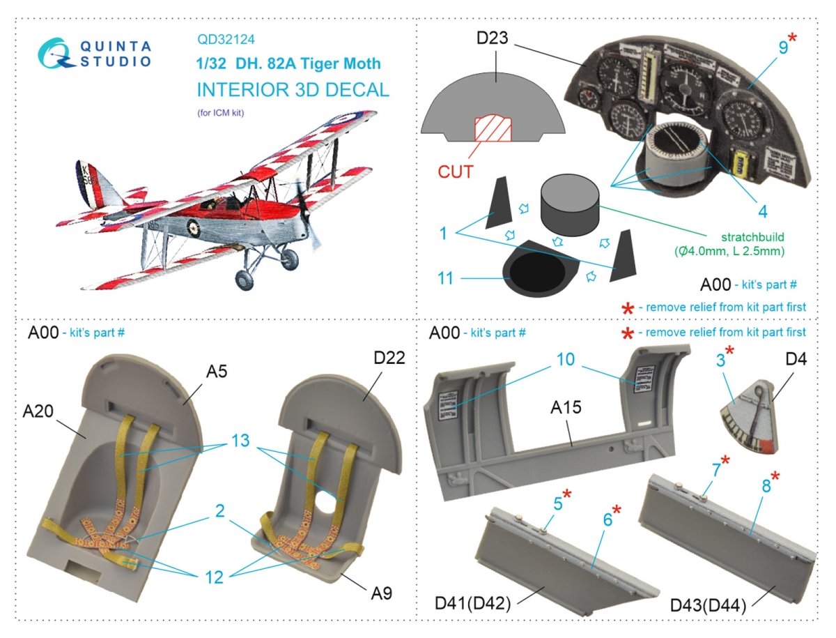 Quinta Studio QD32124 DH 82A Tiger Moth 3D-Printed &amp;amp; coloured Interior on decal paper (ICM) 1/32 – zdjęcie 5