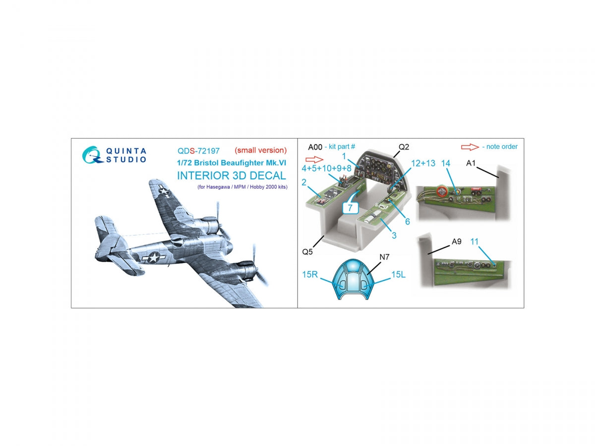 Intérieur imprimé en 3D et coloré sur papier décalcomanie Quinta Studio QDS-72197 Bristol Beaufighter Mk.VI (Hasegawa/MPM/Hobby2000) (petite version) 1/72  – image 2