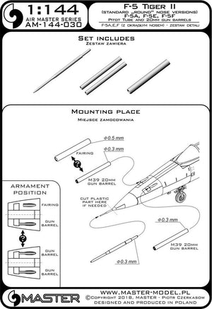 Master AM-144-030 F-5 Tiger II « Freedom Fighter » (version nez rond) - F-5A, E, F - kit de détails - Tube Pitot et canons de 20 mm 1/144 – image 3
