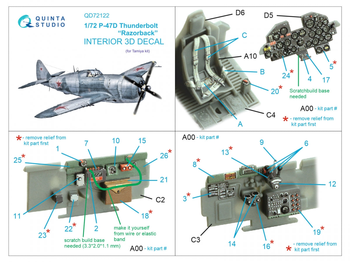 Intérieur imprimé en 3D et coloré sur papier décalcomanie Quinta Studio QD72122 P-47D Thunderbolt Razorback (Tamiya) 1/72 – immagine 2