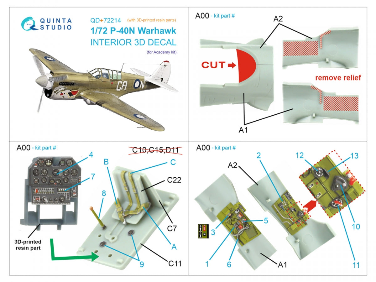 Quinta Studio QD+72214 P-40N Warhawk Intérieur imprimé en 3D et coloré sur papier décalcomanie (Academy) (avec pièces en résine imprimées en 3D) 1/72 – Bild 11