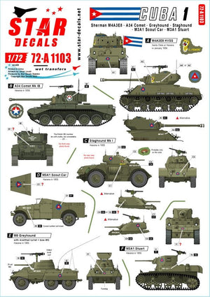 Star Decals 72-A1103 Chars et véhicules blindés à Cuba n° 1. M4A3E8 Sherman, A34 Comet, Staghound, Greyhound, M3A1 White Scout Car, M3A1 Stuart. Échelle 1/72