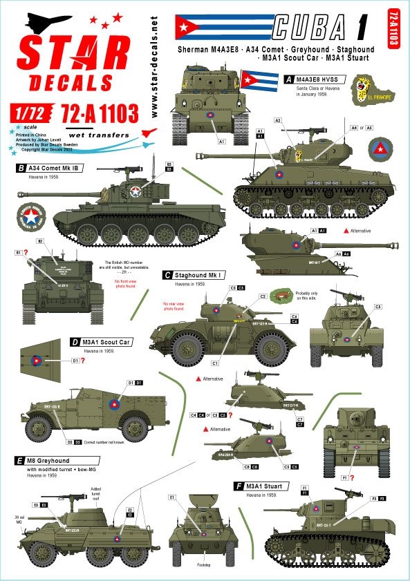 Star Decals 72-A1103 Chars et véhicules blindés à Cuba n° 1. M4A3E8 Sherman, A34 Comet, Staghound, Greyhound, M3A1 White Scout Car, M3A1 Stuart. Échelle 1/72