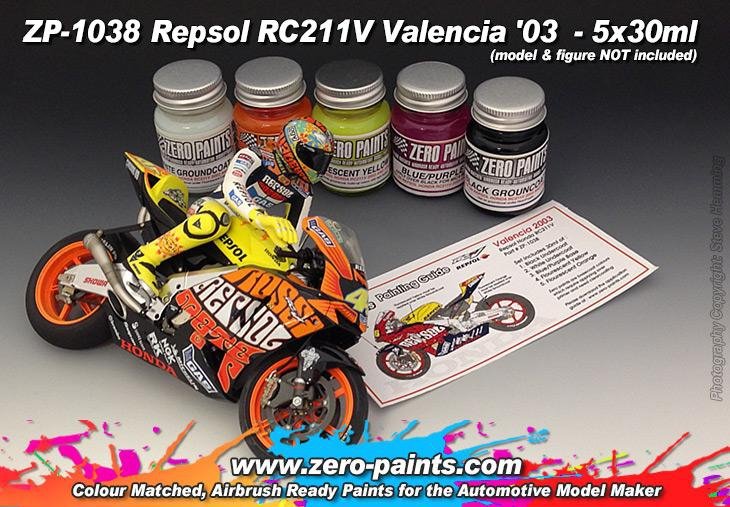 Coffret de peinture Zero Paints ZP-1038 Repsol RC211V Valencia &amp;#39;03, 5 pots de 30 ml