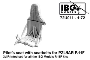 Siège pilote IBG 72U011 avec ceintures de sécurité pour PZL/IAR P.11F - Kit imprimé en 3D à l&amp;#39;échelle 1/72