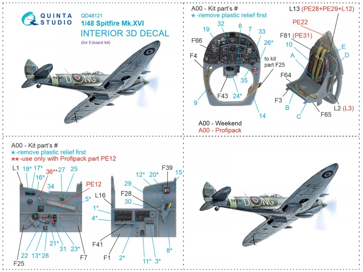 Intérieur imprimé en 3D et coloré sur papier décalcomanie (Eduard) Quinta Studio QD48121 Spitfire Mk.XVI 1/48  – image 12