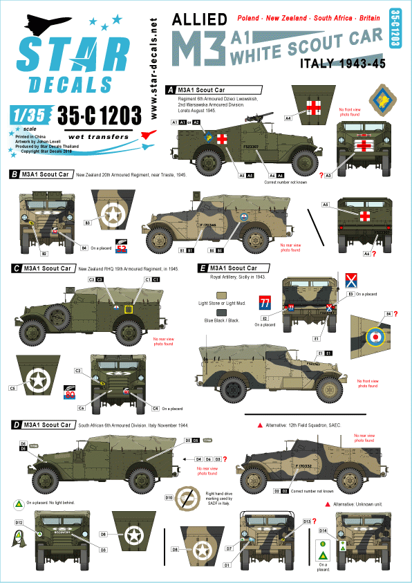 Star Decals 35-C1203 Voiture de reconnaissance blanche M3A1 alliée 1/35 