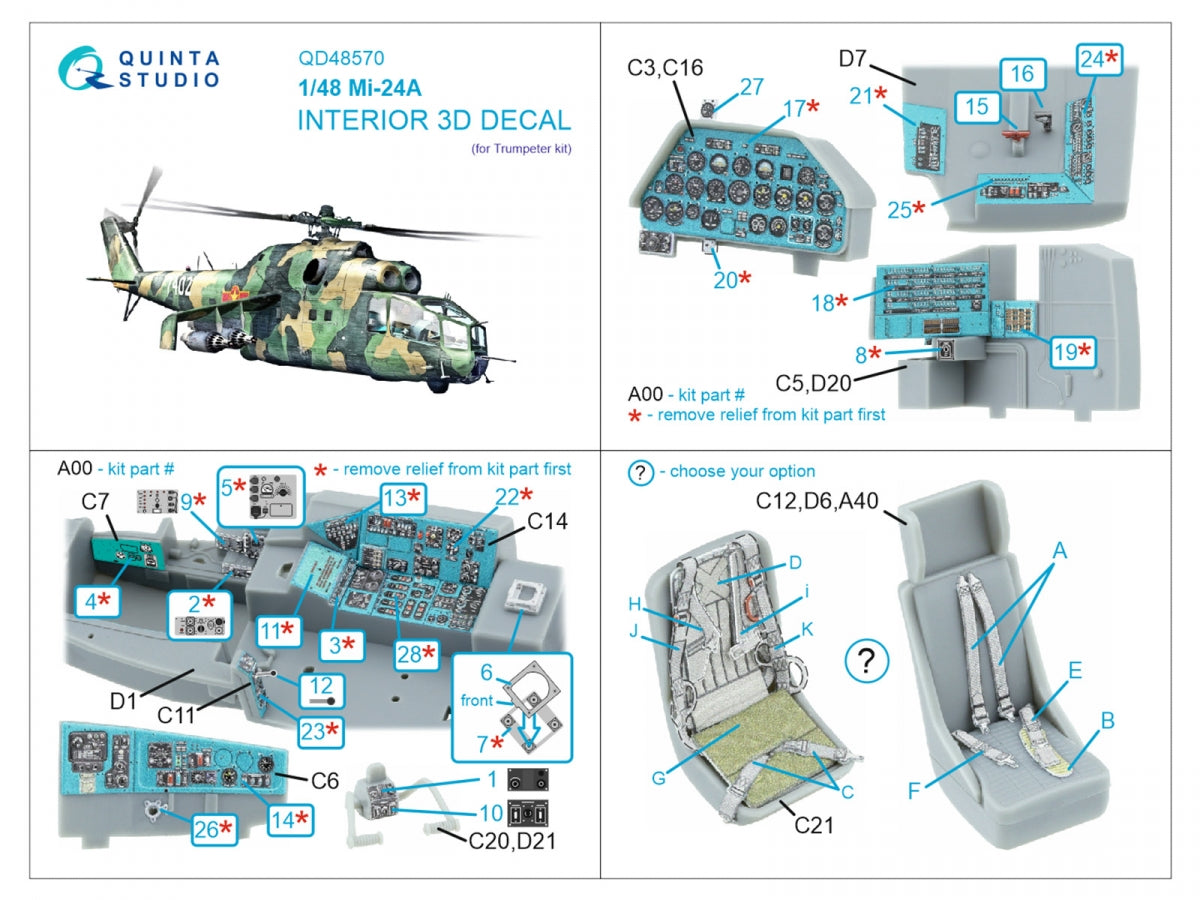 Intérieur imprimé en 3D et coloré sur papier décalcomanie Quinta Studio QD48570 Mi-24A (Trumpeter) 1/48 – Bild 7