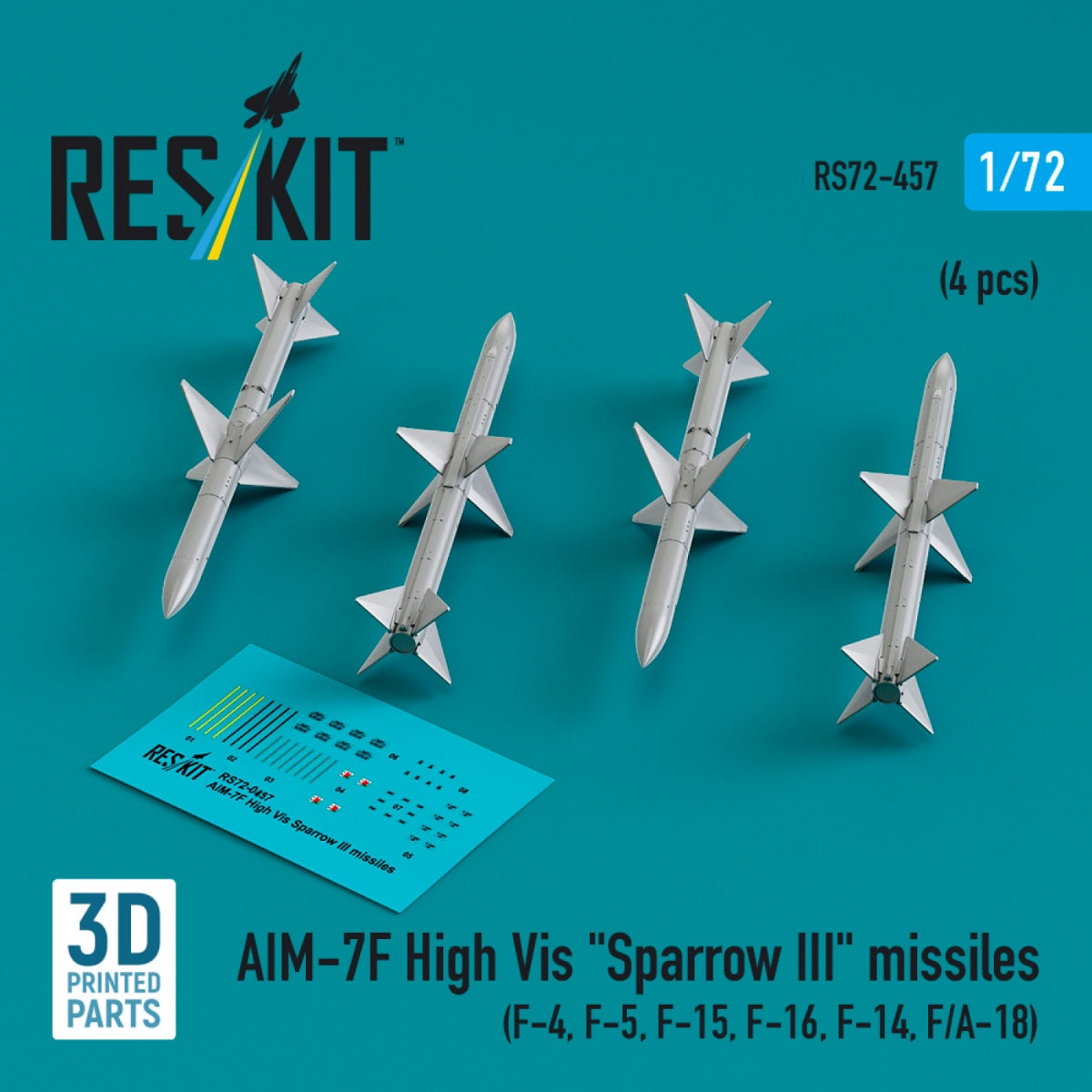 RESKIT RS72-0457 Missiles AIM-7F Haute Vis « Sparrow III » (4 pièces) (Impression 3D) 1/72