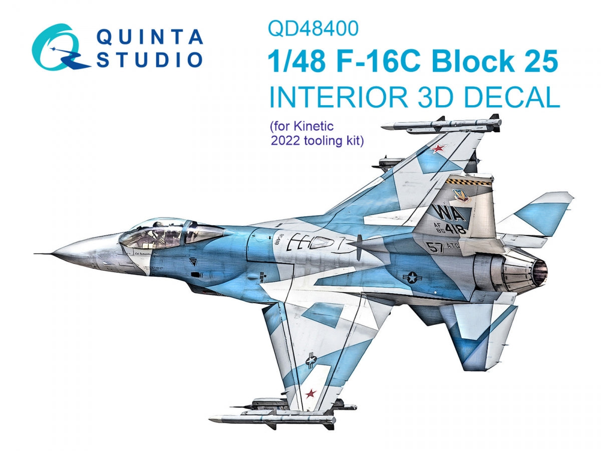 Intérieur imprimé en 3D et coloré sur papier décalcomanie pour le F-16C Block 25 de Quinta Studio QD48400 (outillage Kinetic 2022), échelle 1/48