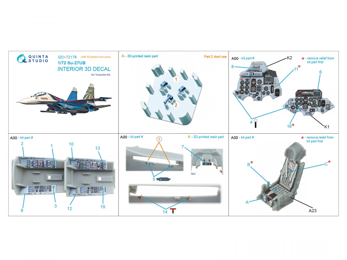 Intérieur imprimé en 3D et coloré sur papier décalcomanie (Trumpeter) pour Su-27UB de Quinta Studio QD+72178 (avec pièce en résine imprimée en 3D) à l&amp;#39;échelle 1/72 – Bild 2