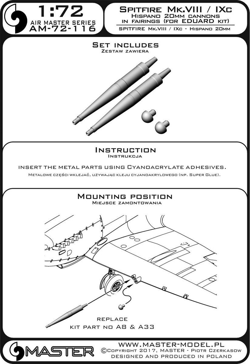 Master AM-72-116 Spitfire Mk.VIII/IXc - 20mm Hispano cannon barrels in shrouds (fits Eduard model) (1/72) – image 3