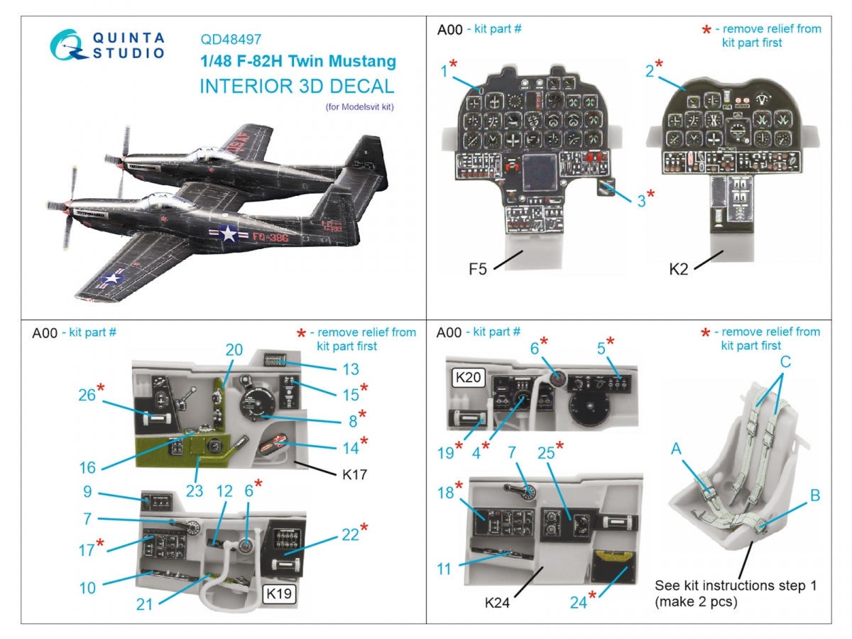 Intérieur coloré imprimé en 3D sur papier décalcomanie Quinta Studio QD48497 F-82H Twin Mustang (Modelsvit) 1/48  – image 2