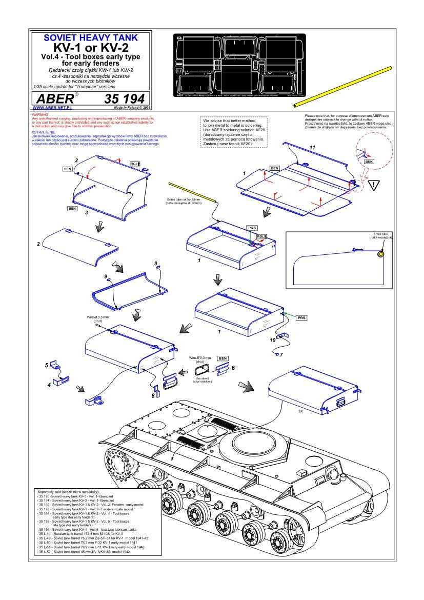 Aber 35194 Char lourd russe KV-1, KV-2 - vol. 4 - ensemble supplémentaire - boîtes à outils type ancien pour les premiers garde-boues (1/35) – image 5