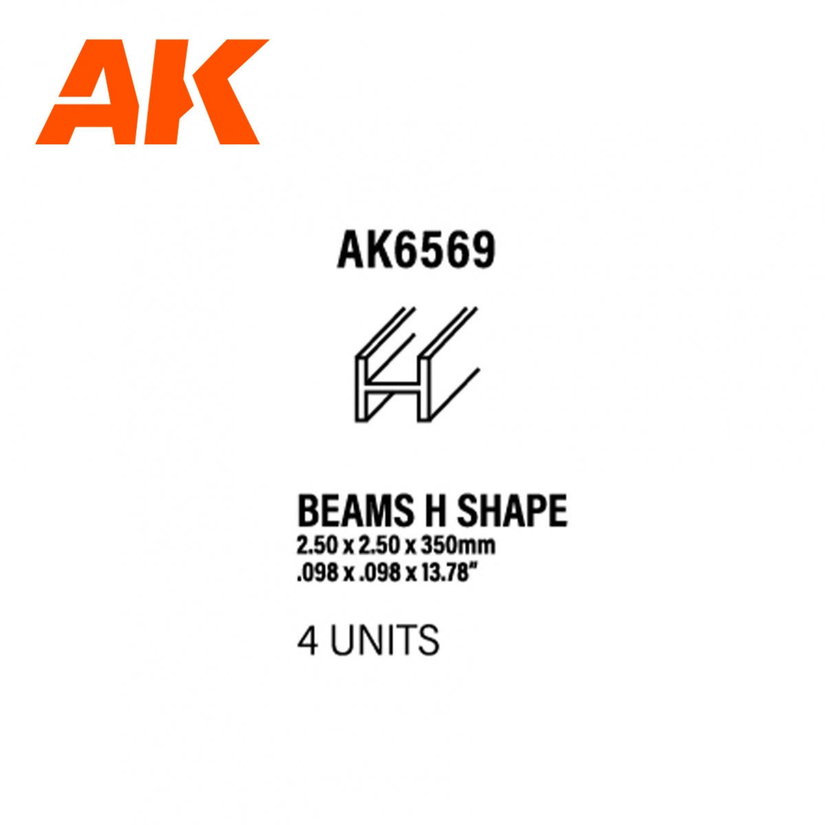 AK Interactive AK6569 POUTRES EN FORME DE H 2,50 x 2,50 x 350 mm – STYRÈNE – (4 unités) 