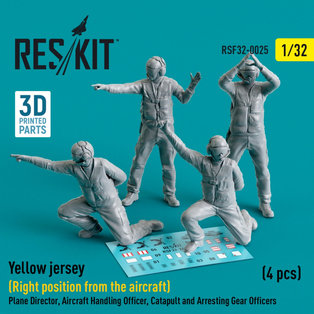 RESKIT RSF32-0025 MAILLOT JAUNE (POSITION DROITE PAR RAPPORT À L&amp;#39;AVION) DIRECTEUR DE VOL, OFFICIER DE MANŒUVRE, OFFICIERS DE CATAPULTE ET DE PISTE D&amp;#39;ARRÊT (4 PIÈCES) (IMPRIMÉ EN 3D) 1/32