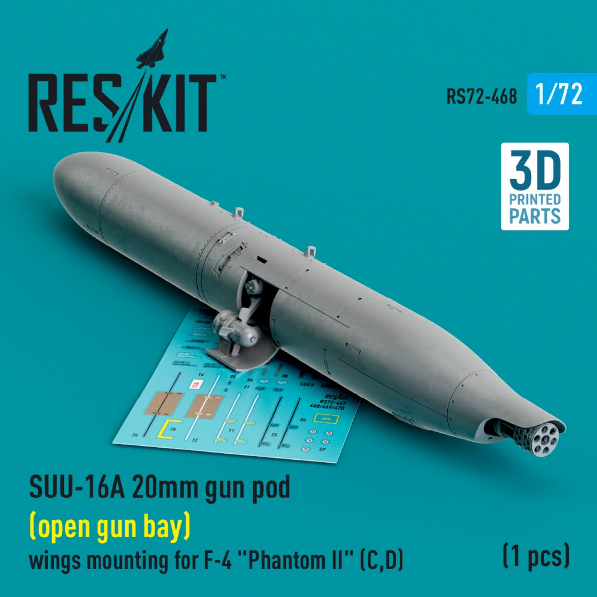 RESKIT RS72-0468 SUU-16A Nacelle de canon de 20 mm (baie de canon ouverte) montage sur les ailes pour F-4 Phantom II (C, D) (1 pièce) (Impression 3D) 1/72